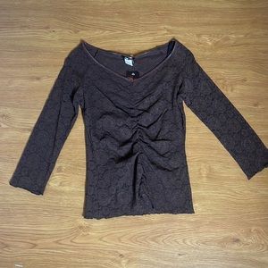Brown Lace Three Quarter Slimming Blouse with Rushing at the Stomach SizeX-Large